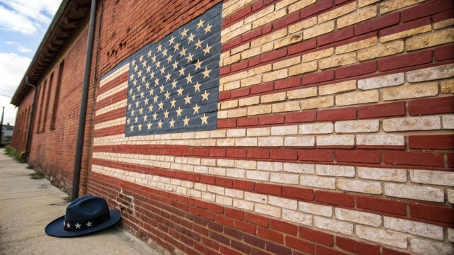  An American flag painted on a brick wall and a police cap on the sidewalk, symbolizing patriotism and law enforcement - Powered by Adobe