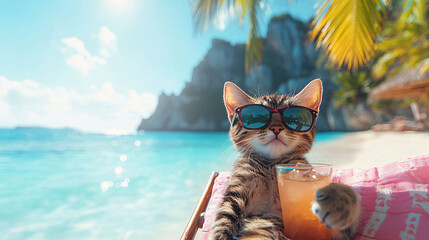 A stylish cat in sunglasses enjoys a tropical beach setting, sipping a drink while relaxing under palm trees by the water.