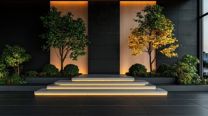 Illuminated acrylic podium surrounded by lush greenery in a modern indoor space with soft lighting for events