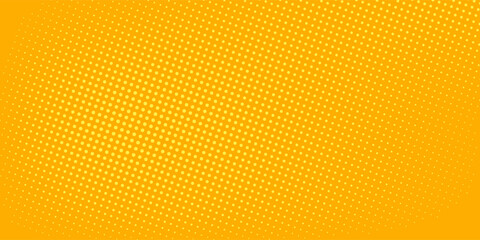 Yellow halftone pattern. Retro comic gradient background. Bright orange pixelated dotted texture overlay. Cartoon pop art faded gradient pattern.