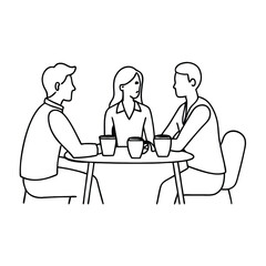 a continuous line drawing of three people sitting at a table and having a conversation