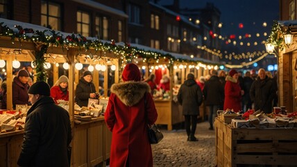 Obraz premium Winter woman enjoying festive night market charming european city holiday scene vibrant atmosphere street view celebration