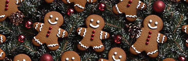 Christmas food bakery bake baking photography background texture - Closeup of many gingerbread men cookies, top view, seamless pattern , Generative Ai 