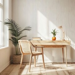 A minimalist home office with a wooden desk. chair. and plant. bathed in natural light