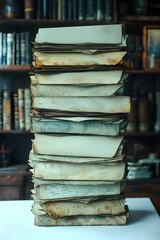 Stack of aged, discolored documents on a table, in a library setting.