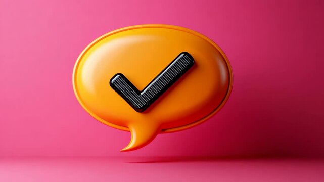 Checkmark symbol in an orange speech bubble against a pink background conveying approval and communication