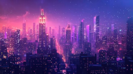 Vibrant futuristic cityscape at night, illuminated skyscrapers and starry sky.