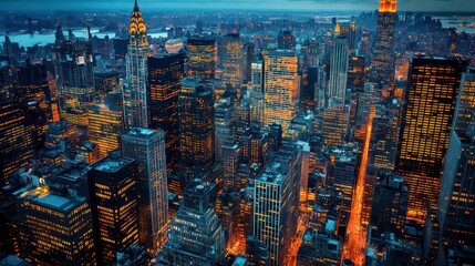 Fototapeta premium Night cityscape, aerial view of city skyscrapers illuminated at dusk, urban landscape.