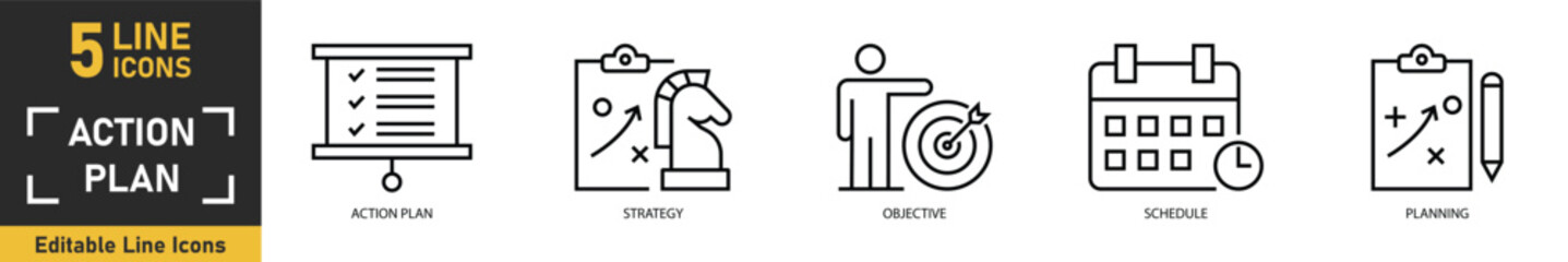 Fototapeta premium Action Plan line icon set. Set of 5 outline icons related to action plan, strategy, objective, schedule, planning and more. Vector illustration.