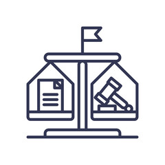 Scales with document and gavel symbolize balance in justice and fairness.