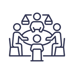 Four figures around a table symbolize teamwork and balanced decision-making.