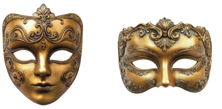 Golden masks with ornate designs and a royal appeal.