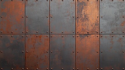 Fototapeta premium A textured metal wall featuring rust and rivets, showcasing a blend of orange and gray tones for a rugged industrial aesthetic.