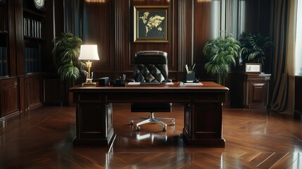 A classic executive office with a dark wood desk, leather chair, and polished floorboards.