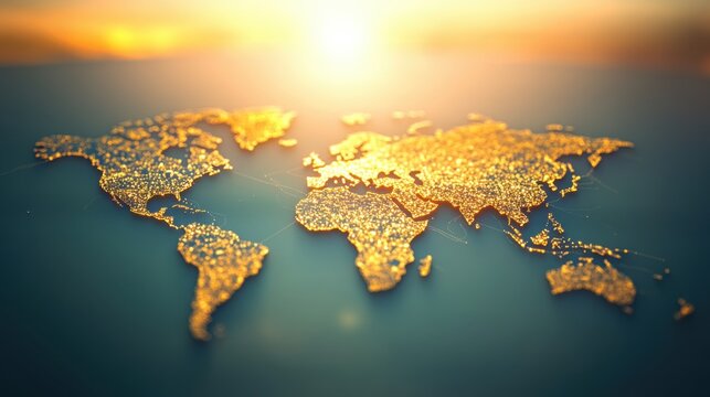 A shimmering world map illuminated by sunlight, representing global connections.