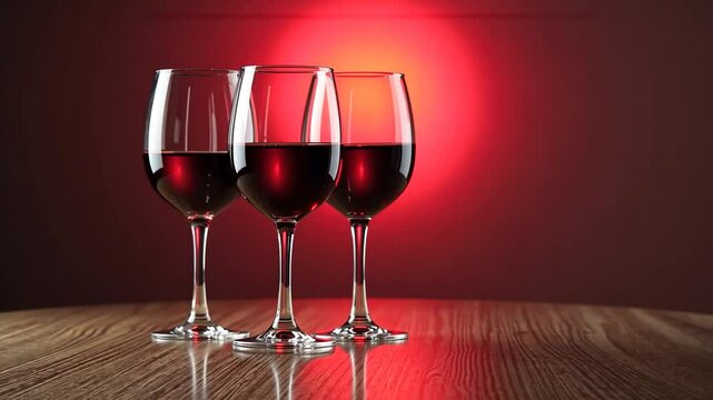 Glasses of red wine on a table, backward dolly push out shot