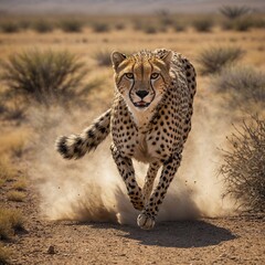 Naklejka premium A cheetah racing across a desert plain.