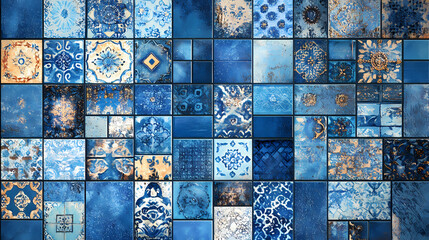 Blue mosaic tiles _a blue tile background with a patchwork and a shiny surface. Mosaic. Illustration