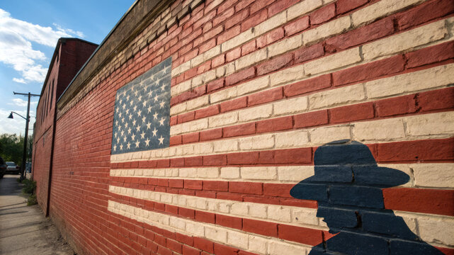  An American flag painted on a brick wall and a police cap on the sidewalk, symbolizing patriotism and law enforcement
