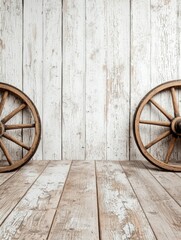 Obraz premium A rustic scene featuring two wooden wagon wheels against a weathered wooden backdrop, evoking a vintage, countryside atmosphere.