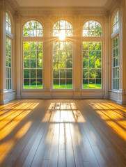 Sunbeams stream through arched windows of a sunroom, illuminating a hardwood floor.