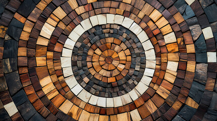 Naklejka premium Circular wooden mandala mosaic with varied wood tones. Mosaic. Illustration