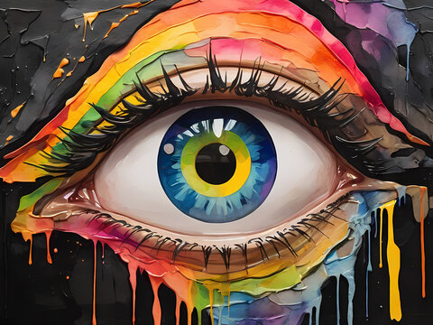 watercolor art, a rainbow eye painted on a black wall, in the style of fauvism precursor, technological art, splatter paintings, blink-and-you-miss-it detail, utopian vision, virtual and augmented