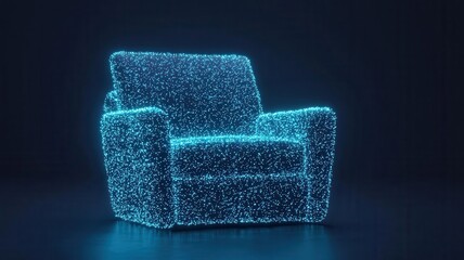 Particle furniture ideas. Futuristic glowing chair with a digital design on a dark background