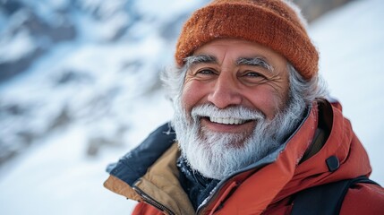 Fototapeta premium Cheerful senior arab man smiling widely while enjoying the stunning snowy mountain landscape, embodying joy and vitality in winter