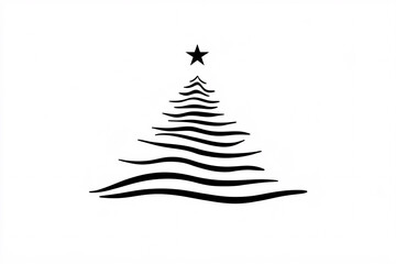 Minimalistic black wavy lines forming a Christmas tree topped with a star on a white background	