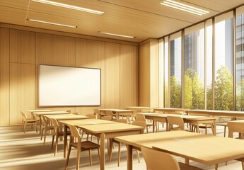 A warm-toned office with a city skyline view, featuring a conference room with a meeting table, blank whiteboard, and a focus on development planning, teamwork, and business financial strategies.