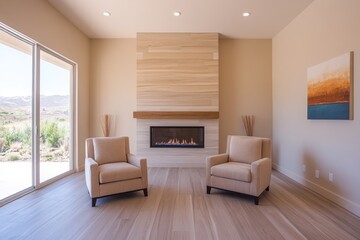 Cozy living room with modern fireplace and elegant armchairs sunny interior home decor minimalist style