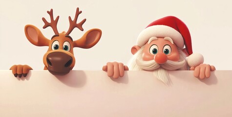 Fototapeta premium Christmas Santa and Reindeer Peek Sign Holiday Fun Festive Season