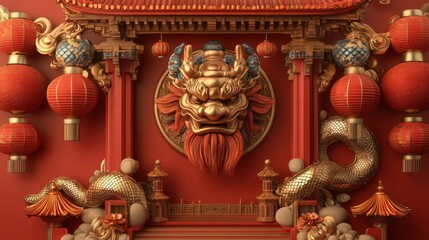 Fototapeta premium Chinese New Year Celebration: 3D Render of Golden Dragon and Red Lanterns Festive Scene