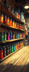 Colorful jars on wooden shelves in a rustic shop.