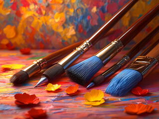 Obraz premium Paintbrushes and colorful petals on an artist's palette.