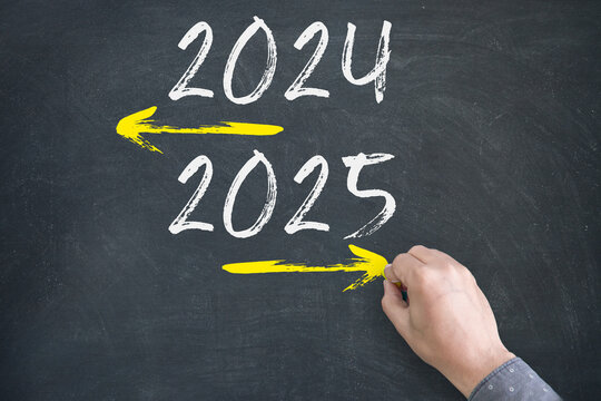 Transitioning from 2024 to 2025 with arrows pointing to the future on a blackboard
