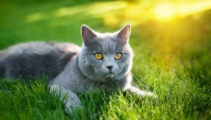 grey cat lying on green grass