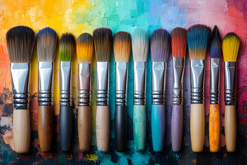 Fototapeta premium Colorful paintbrushes arranged on a vibrant painted canvas.