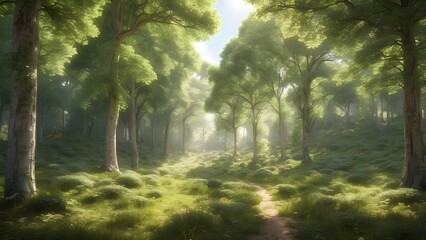 A picturesque forest clearing in the southwest of France, surrounded by vibrant green foliage and dappled sunlight filtering through the dense canopy above, creating a peaceful, enchanting atmosphere 