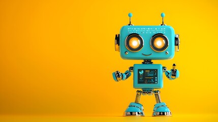 Fototapeta premium Adorable Blue Robot with Winking Face and Bright Eyes Pointing Rightward, Gradient Soft Yellow Background for Modern Marketing Concepts