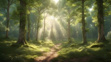 A picturesque forest clearing in the southwest of France, surrounded by vibrant green foliage and dappled sunlight filtering through the dense canopy above, creating a peaceful, enchanting atmosphere 