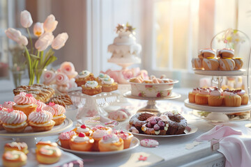 Naklejka premium A beautifully arranged display of various colorful pastries and desserts on elegant tableware.