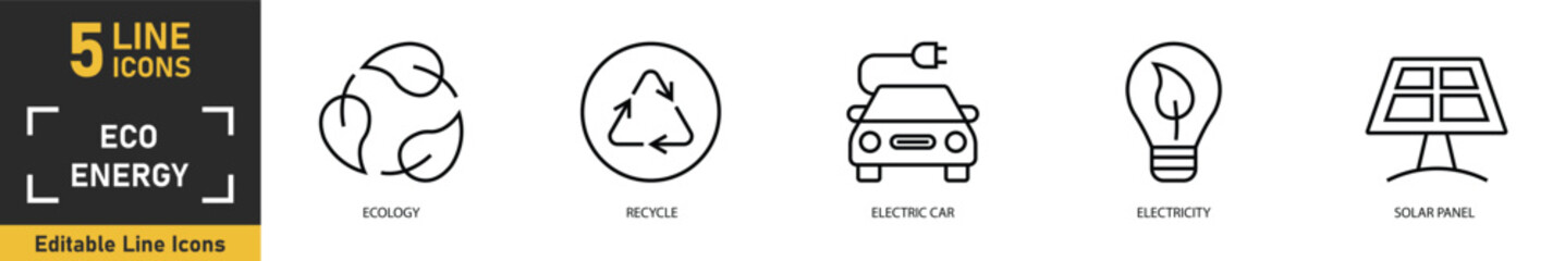 Ecology Energy line icon set. Set of 5 outline icons related to ecology, recycle, electric car, electricity, solar panel and more. Vector illustration.