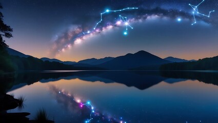 Night Sky Constellation Over Serene Mountain Lake