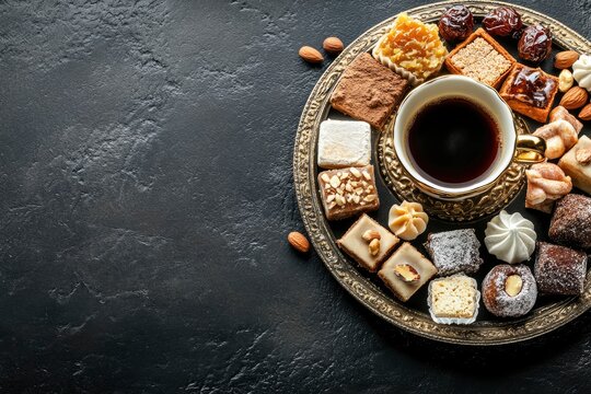 Middle Eastern Sweets, Turkish Delights and Black Coffee on black background, copy space. Arab dessert assortment, rahat lokum, halva, sherber, pismaniye with nuts and dates 