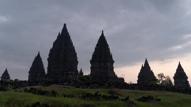 Yogyakarta, Indonesia - Time Lapse Prambanan Candi Roro Jonggrang on Morning Sunrise, a 9th century temple dedicated to the Hindu Trimurti, the trinity of Brahma, Vishnu and Shiva