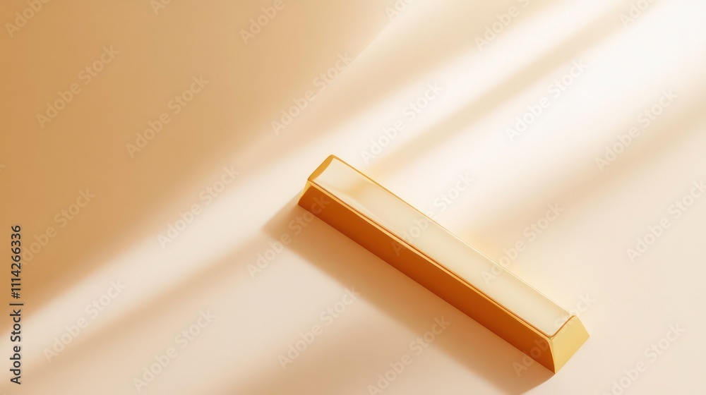 Poster golden rectangular object on beige background, illuminated by sunlight.