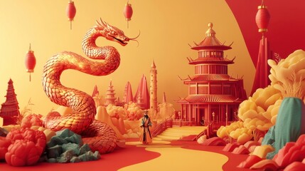 Obraz premium A Majestic Golden Dragon in a Vibrant Chinese New Year Landscape