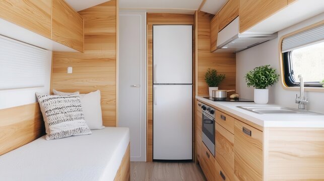RV interior with a Scandinavianinspired minimalist kitchen featuring clean lines and light wood tones